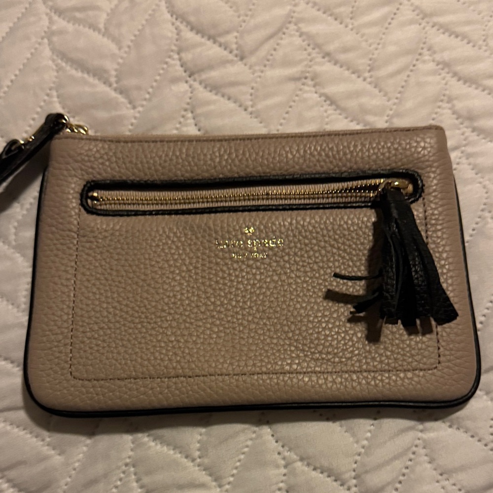 Kate Spade Taupe Leather Wristlet with Tassel